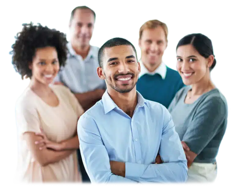 Work team with arms folded smiling for camera